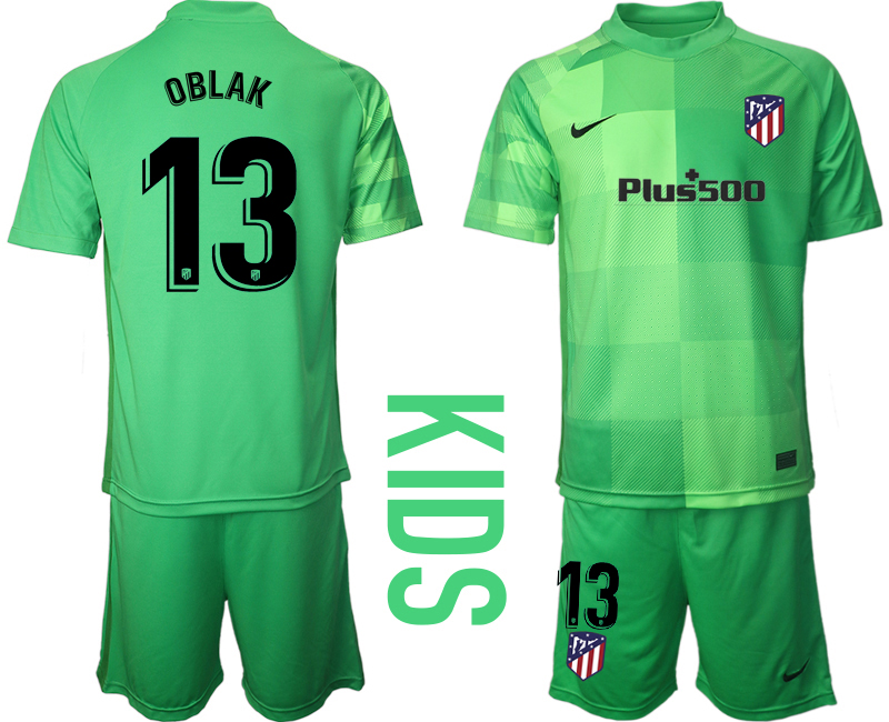 Youth 2021-2022 Club Atletico Madrid green goalkeeper #13 Soccer Jersey